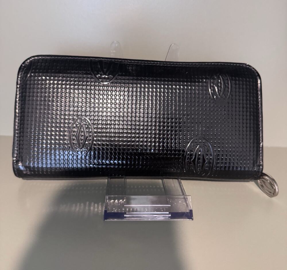 Cartier Happy Birthday Patent Leather Zip Wallet W/ Original Auth. Card, Booklet